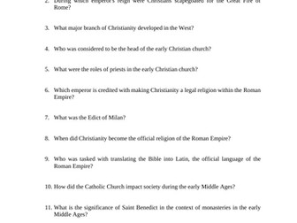 Rise of the Catholic Church Reading Questions Worksheet