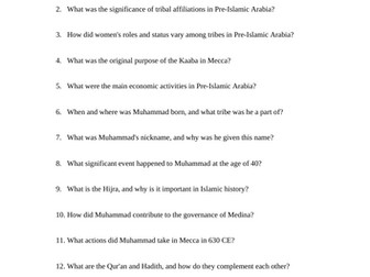 Muhammad and the Birth of Islam Reading Questions Worksheet