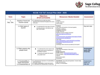 IGCSE Travel and Tourism annual plans for year 10 and year 11