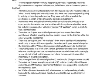 AQA ALEVEL PSYCHOLOGY - Social Influence: Milgram (1963) Obedience to Authority Experiment