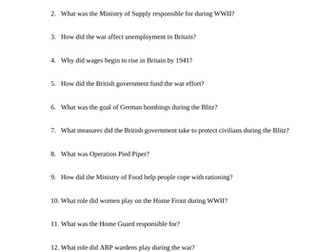 WWII British Home Front Reading Questions Worksheet