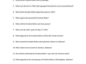 U.S. Freedom Riders Reading Questions Worksheet