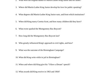 Martin Luther King Jr. Reading Questions Worksheet