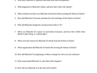 Malcolm X Reading Questions Worksheet