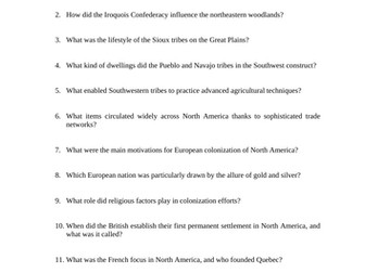 European Colonialization of North America Reading Questions Worksheet