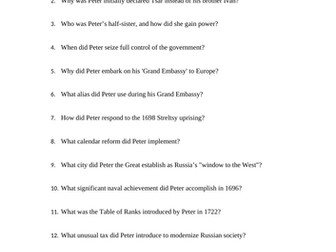 Peter the Great Reading Questions Worksheet