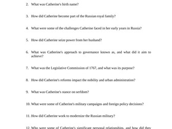 Catherine the Great Reading Questions Worksheet