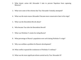 Fall of the Romanovs Reading Questions Worksheet