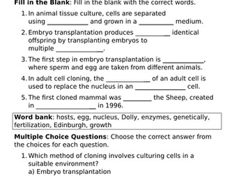 AQA biology - Cloning - Animal and plant cloning methods