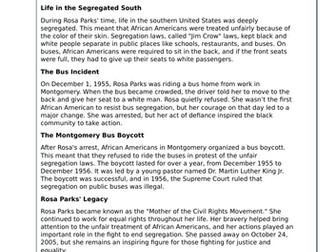 Rosa Parks reading comprehension