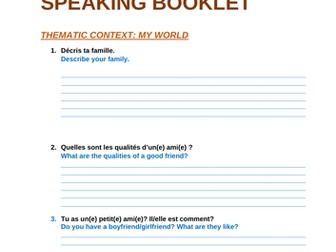 New French GCSE Edexcel Speaking booklet  with sentence builders 2024