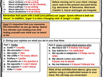 GCSE Spanish FREE TIME AND DIET - revision sheet