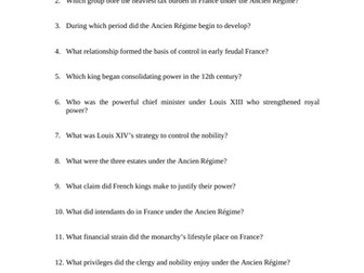 Ancien Regime Reading Questions Worksheet