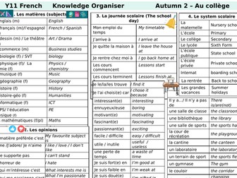 GCSE French Knowledge Organiser - Module 6 vocabulary - School - Au collège