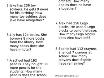 Adding and Subtracting with exchange word problems/ problem solving