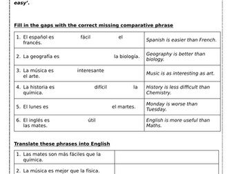 Spanish Grammar focus: comparatives and superlatives with school subjects