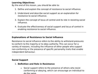 Resistance to Social Influence - A-Level Psychology Lesson