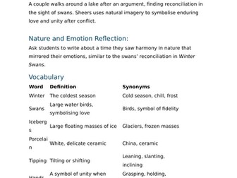Winter Swans by Owen Sheers - GCSE Poetry Revision Worksheet