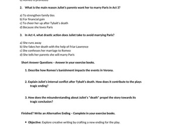 Year 8 Cover Worksheet (studying Romeo and Juliet)