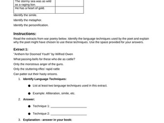 Year 9 Cover Worksheet (War Poetry)