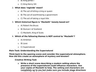 Year 10 Cover Worksheet (Macbeth Context)