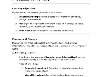 Processes of Memory - GCSE Psychology Lesson