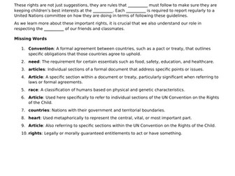 Understanding the UN Rights of the Child - Cloze Activity