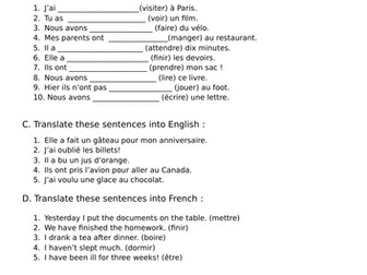 worksheet - French perfect tense -avoir with regular and irregular participles