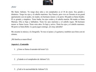 SPANISH - Te presento a mi familia Reading comprehension quiz