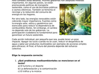 GCSE Spanish Reading Comprehension: El Medio Ambiente y Desarrollo Sostenible (Activities + Key)