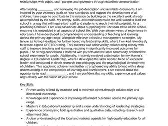 Headteacher Application Cover Letter Supporting Statment