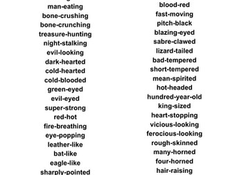 Word bank of 50 hyphenated words - suitable for describing a dragon or mythical creature.