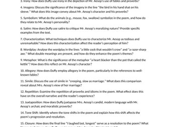 15 Questions with detailed answers;  Duffy's Mrs Aesop