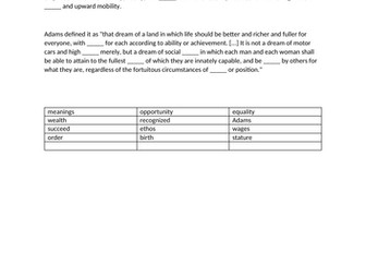 Cloze Activity on The American Dream