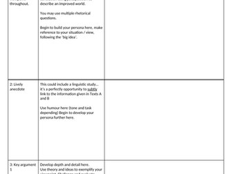 English Language:  planning sheets for Question 1/2 and 4 (Paper 2) and Section B - Paper 1