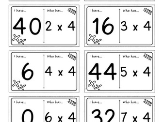 3 sets of 4 times table loop cards for KS1 and KS2