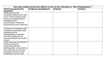War Photographer Essay, Planning template