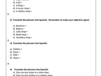 Writing worksheet shops & area
