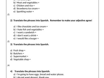 La comida writing worksheet