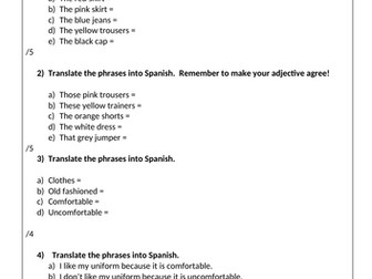 La ropa writing worksheet