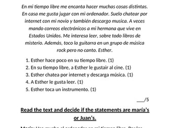 Los pasatiempos reading worksheet