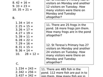 Addition  - 2 and 3 digit questions
