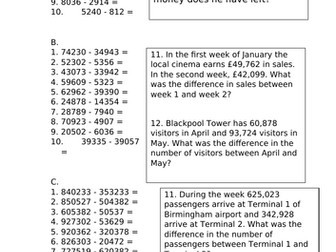 Subtraction 4, 5 and 6 digit with some word problems