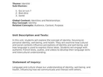 Unit Plan -French B SL- Theme -Identité -Unit 1 to 3 (week 8 to 10)