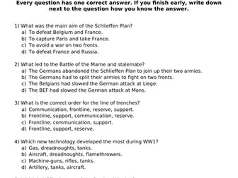 Mastery quiz on the stalemate of WW1