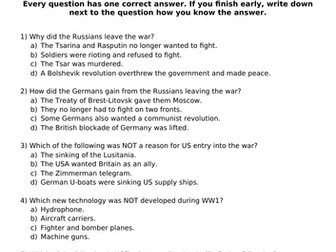 Mastery quiz on the End of WW1