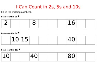 Counting in 2s, 5s and 10s Maths Learning worksheet