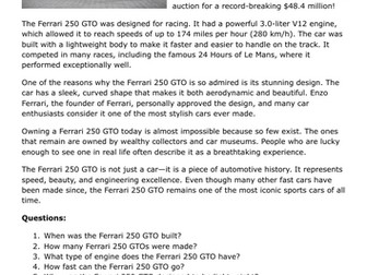 Reading Comprehensions - Sports Cars