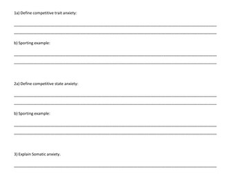 AQA A Level PE - Sports Psychology - Anxiety worksheet