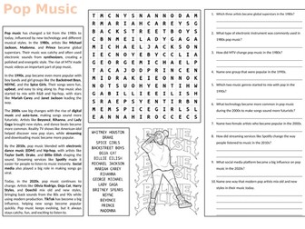 Pop Music Worksheet (cover lesson)